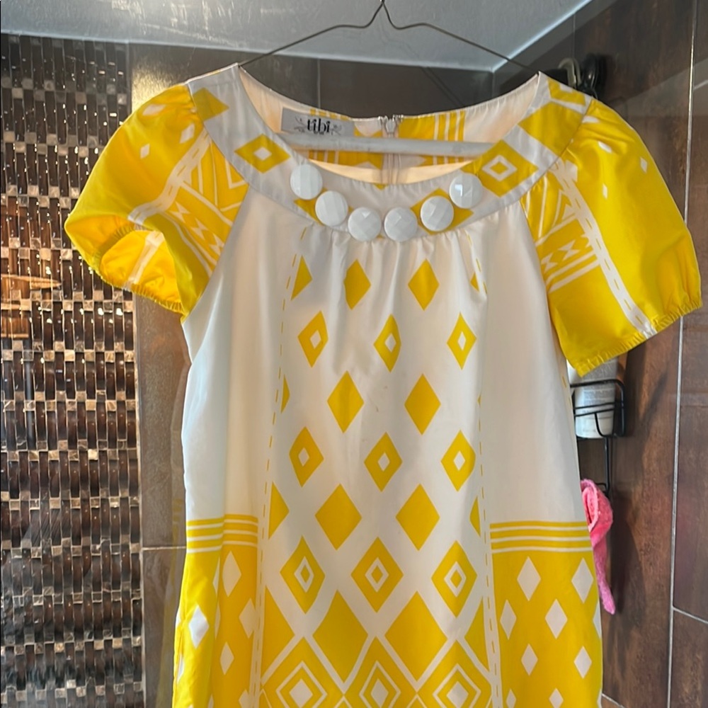 Tibi Yellow and White Geometric Dress
